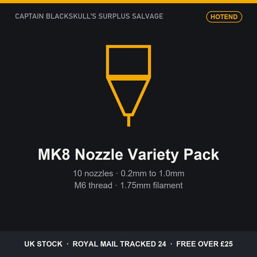 MK8 Nozzle Variety Pack - 10 nozzles, 0.2mm to 1.0mm, M6 thread