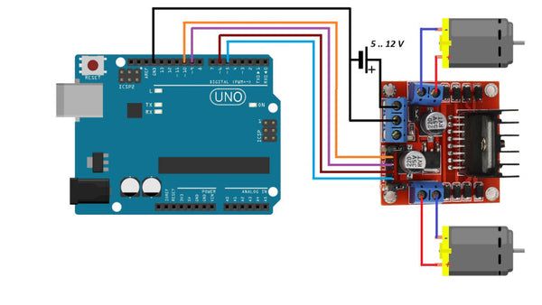 L298N dual H-bridge motor driver wired to an Arduino Uno and two DC motors